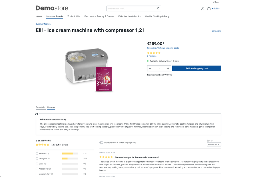 Screenshot KI-generierte Zusammenfassung von Produktbewertungen (Shopware)