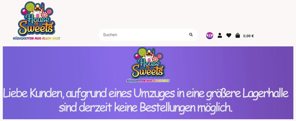 Bekanntmachung auf der Startseite des Online-Shops von House of Sweets (Bild: www.house-of-sweets.com, Screenshot)