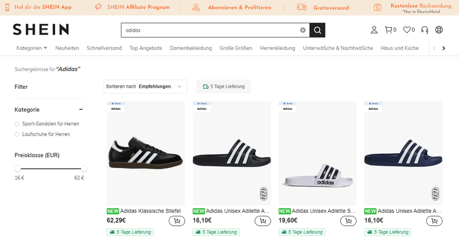 Der Stein des Anstosses: Adidas-Produkte auf Shein. Sie stammen wohl aus Weiterverkäufen von Grosshändlern. (Screenshot)
