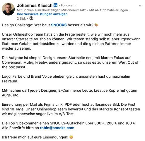 Das Internet vergisst nichts: Der gelöschte Linkedin-Post von Snocks (Bild: Snocks)