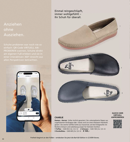 Wer einen der mit &#34;Virtuell anprobieren&#34; markierten QR-Codes fotografiert, landet auf einer AR-App, die den jeweiligen Schuh an den eigenen Füßen zeigt. (Bild: Quelle: Bär GmbH; Scan: Versandhausberater)