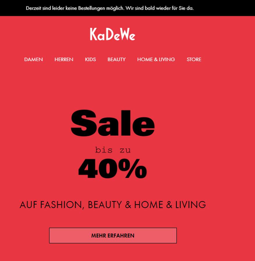 &#34;Sale&#34; ohne Onlineshop: Einen Verkauf gibt es nicht mehr. Auch bei Alsterhaus und Oberpollinger wechselt man mit fliegenden Fahnen zurück in die 90er Jahre. (Bild: Screenshot Kadewe.de)
