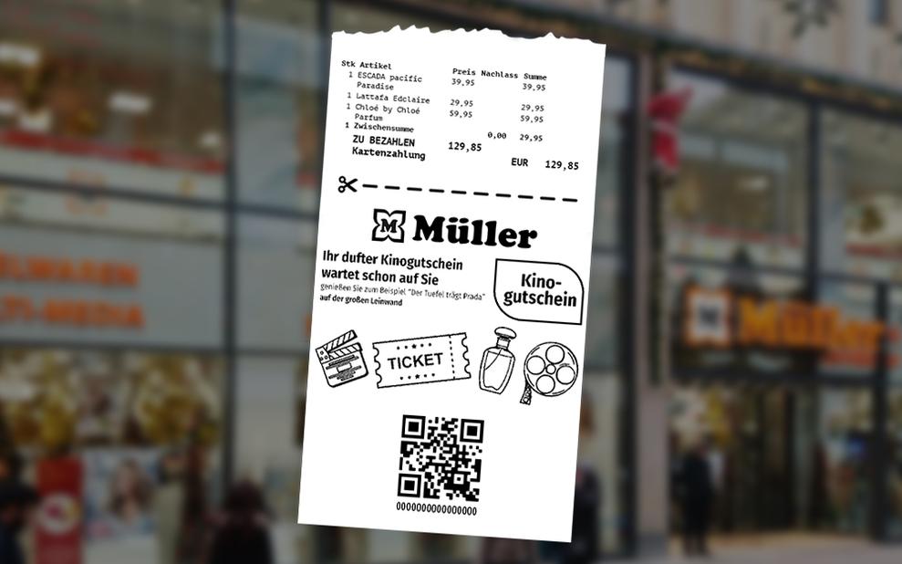 Müller-Kassenzettel mit QR-Code und Kinogutschein-Motiv: Erlebnisse statt Preisrabatt (Bild: Müller)