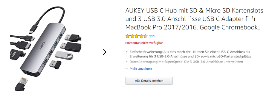 Nicht verfügbare Aukey-Produkte bei Amazon (Bild: Screenshot ibusiness/Amazon)