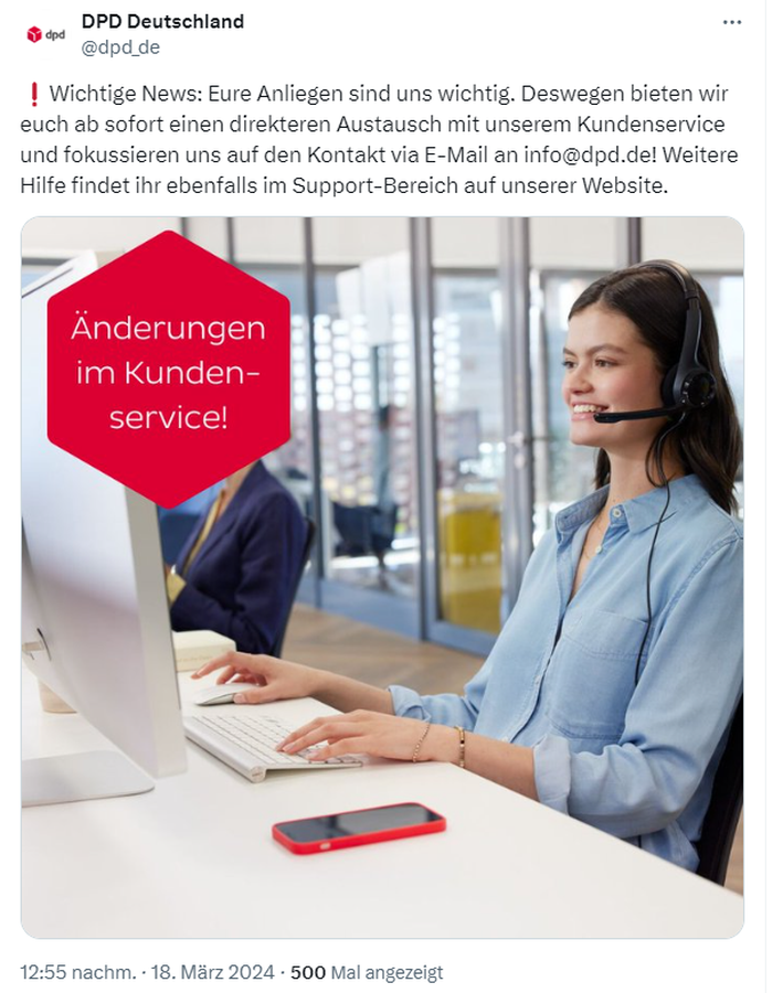 Lächelnd den Service beenden: DPD Deutschland (Screenshot Twitter/X)